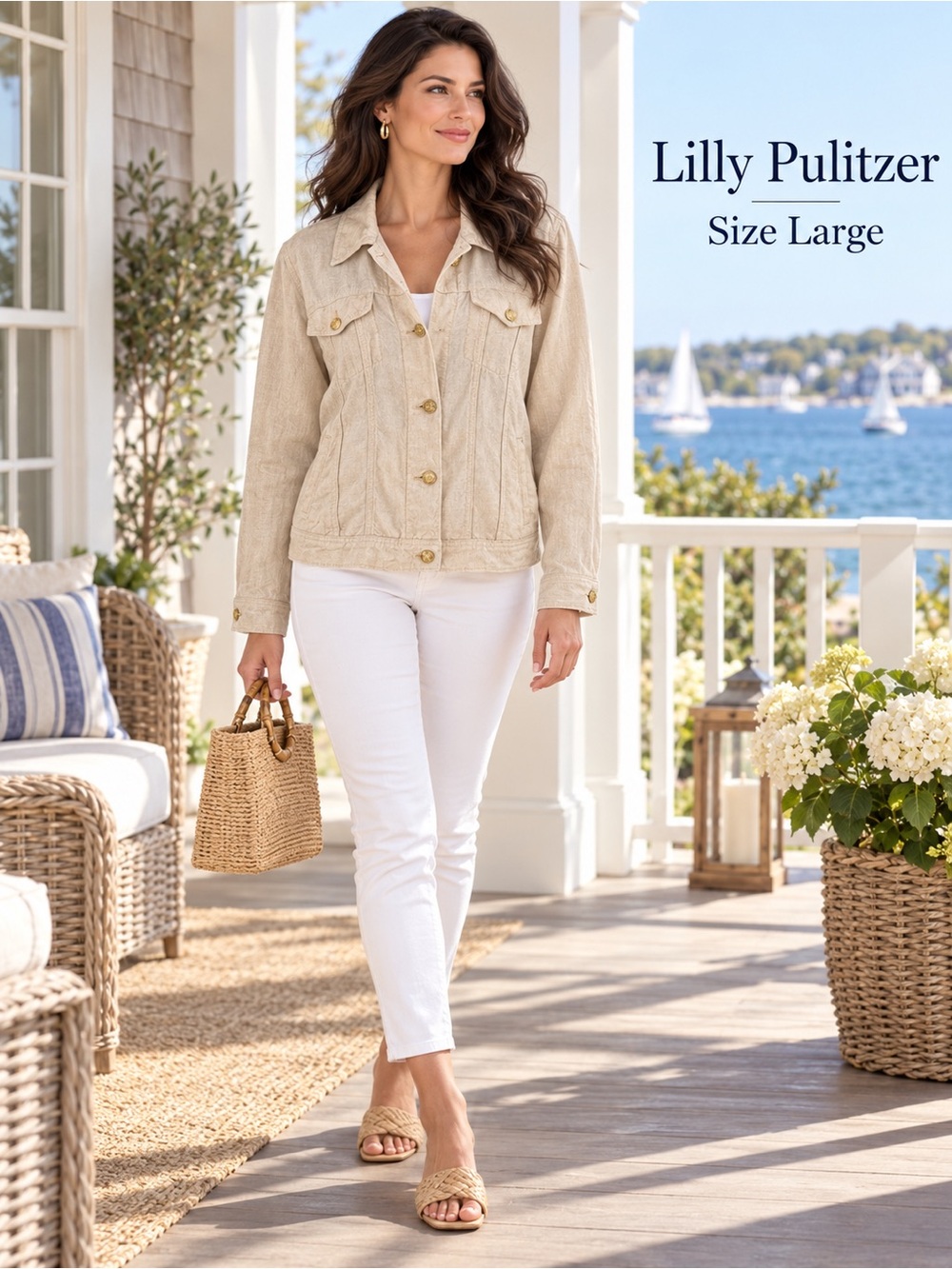 Lilly Pulitzer Beachside Linen Jacket Large Beige Gold Buttons Coastal